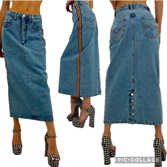 Vintage Deadstock Revolt High-Rise Midi Length Denim Skirt With Button Back - Picture 6 of 16